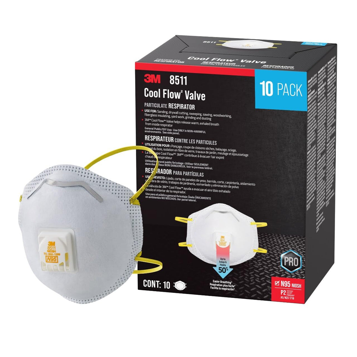Respirateur anti-particules 3M™ 8511, N95, 10 pièces/boîte, 8 boîtes/caisse, Modèle 3M : 8511, Référence fabricant : 7000002056