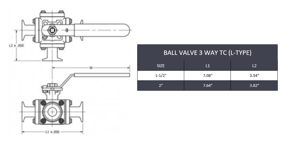 Tri-Clamp L-Port 3 Way Ball Valve - SS 316