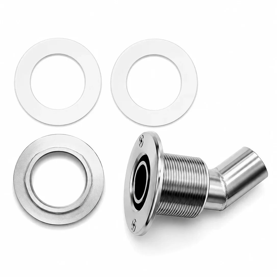 Stainless Steel Thru Hull Fitting, 38 mm, 90° Base, Angled Connector, Boltless