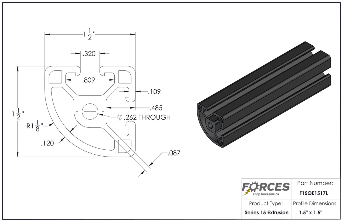 1.5" x 1.5" Quarter-Round T-Slot Aluminum Extrusion Black Smooth Lite