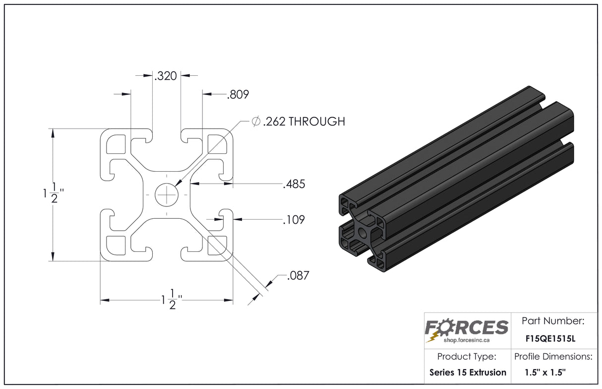 1.5" x 1.5" T-Slotted Aluminum Extrusion Black Smooth Lite