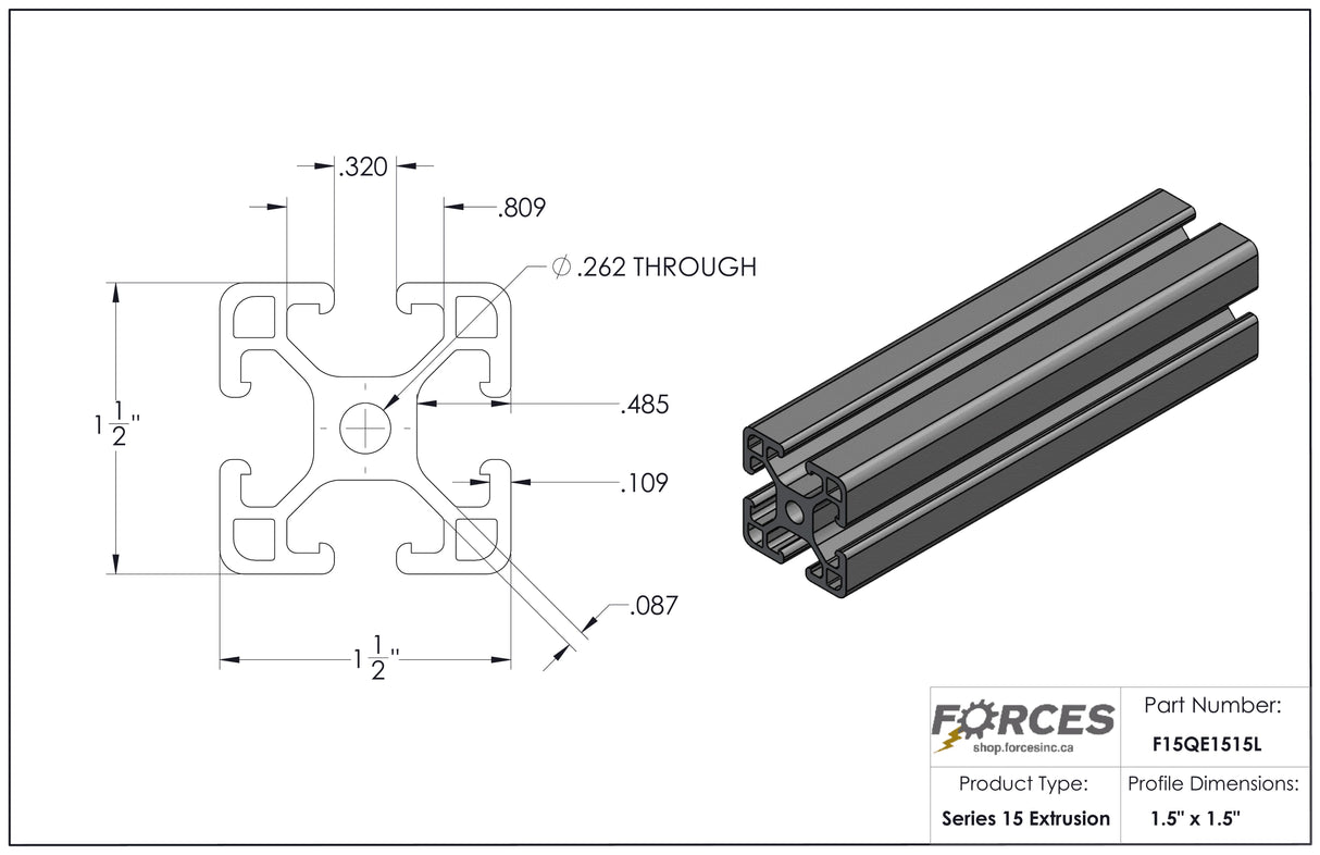 1.5" x 1.5" T-Slotted Aluminum Extrusion Smooth Lite