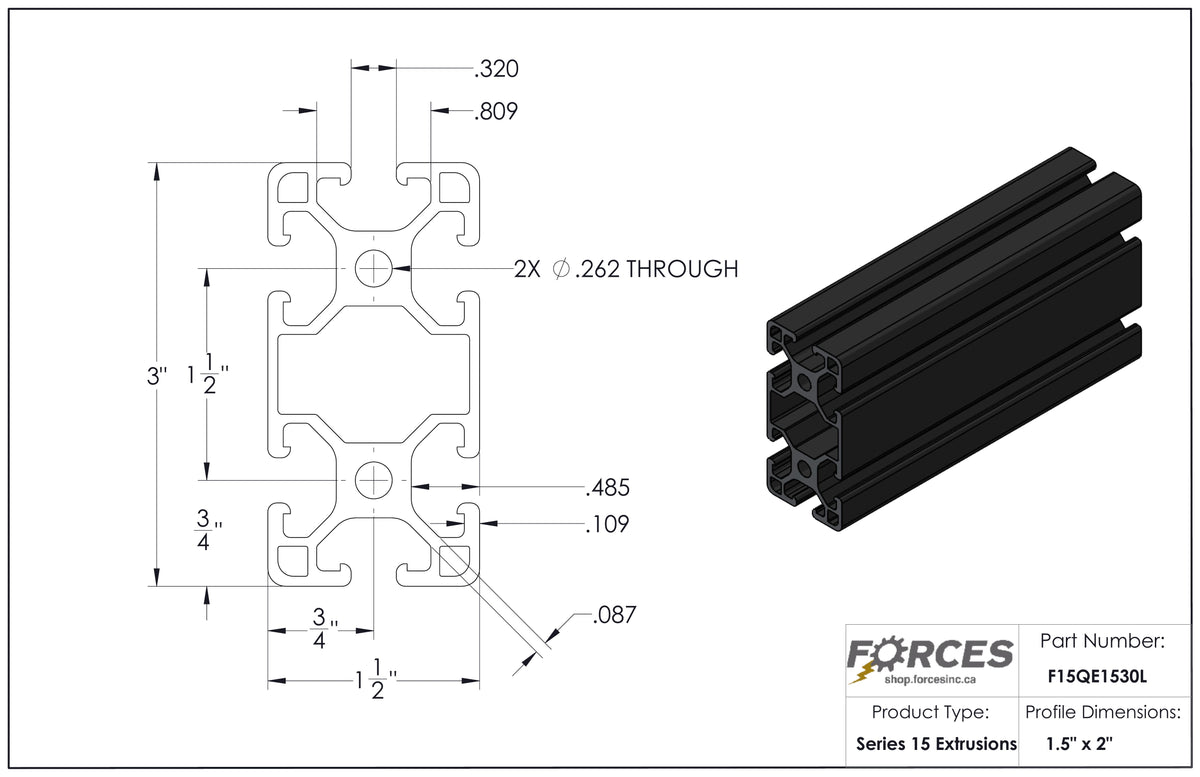 1.5" x 3" T-Slotted Aluminum Extrusion Black Smooth Lite