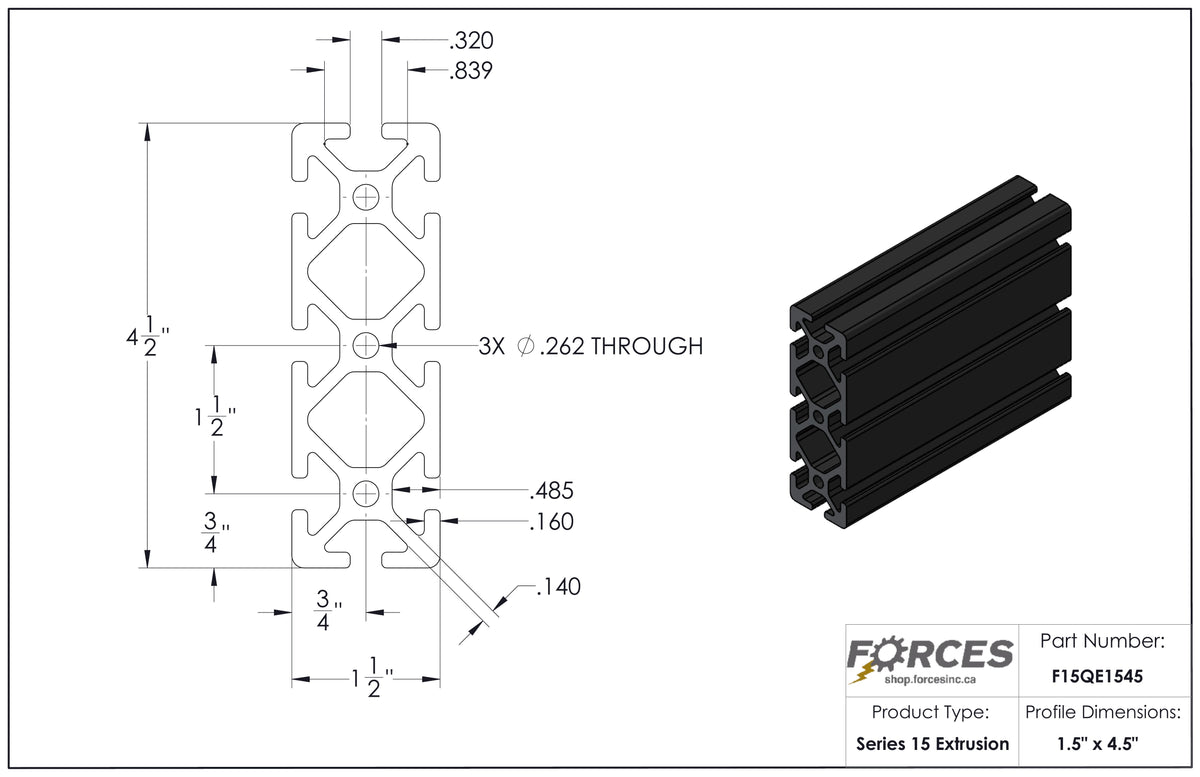 1.5" x 4.5" T-Slotted Aluminum Extrusion Black Smooth