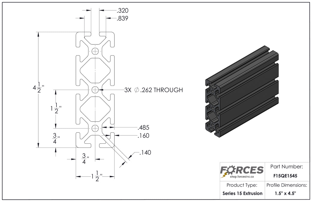 1.5" x 4.5" T-Slotted Aluminum Extrusion Smooth