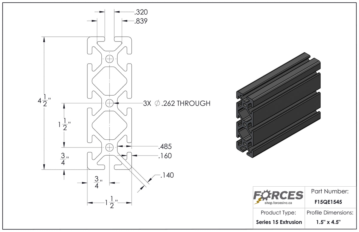 1.5" x 4.5" T-Slotted Aluminum Extrusion Smooth