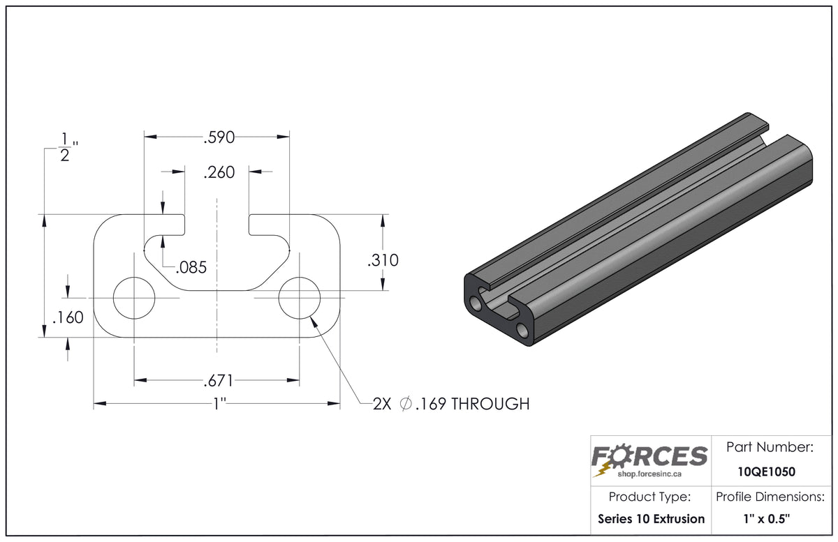 1" x 0.5" Smooth T-Slotted Aluminum Extrusion