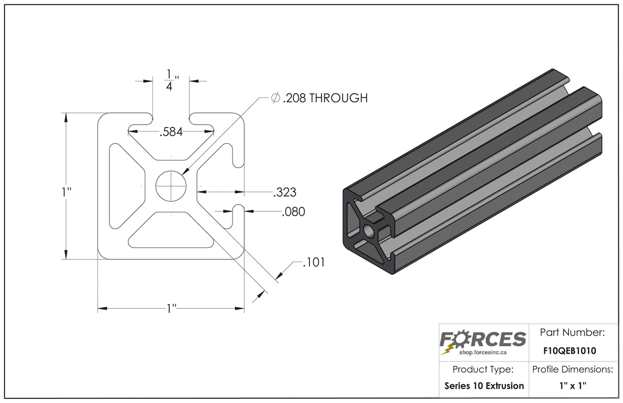 Extrusión de aluminio lisa de 1" x 1" con dos ranuras
