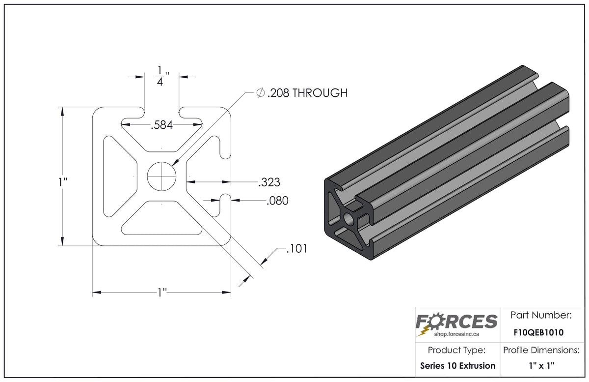 1" x 1" Smooth Bi-Slotted Aluminum Extrusion