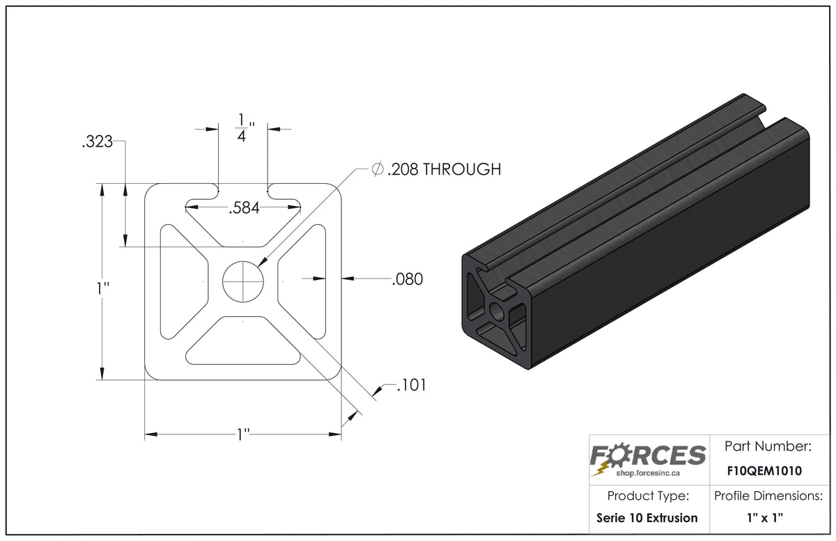 1" x 1" Black Smooth Mono T-Slotted Aluminum Extrusion