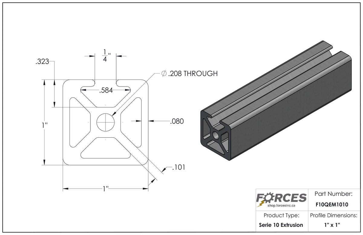 1" x 1" Smooth Mono T-Slotted Aluminum Extrusion
