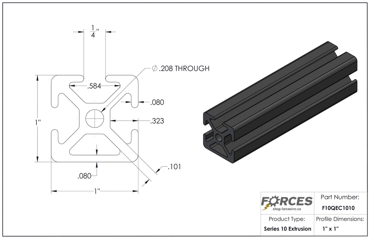 1" x 1" Black Smooth Tri-Slotted Aluminum Extrusion