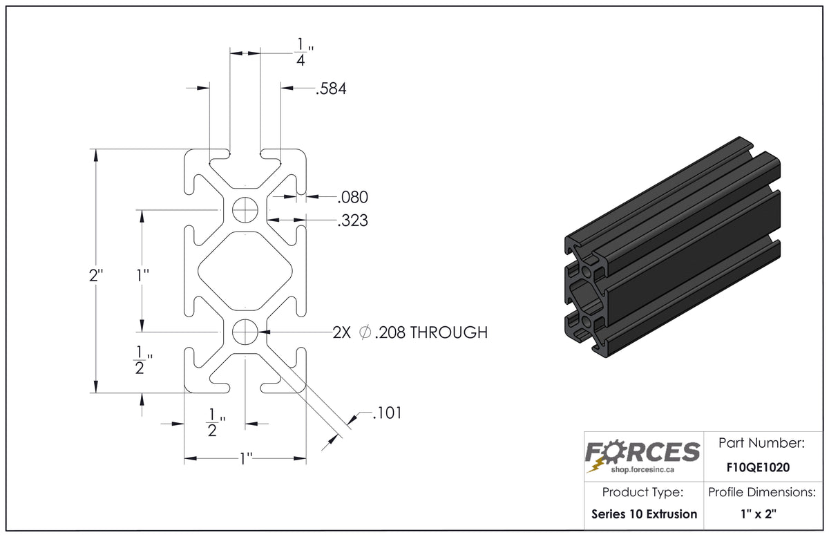 1" x 2" Black Smooth T-Slotted Aluminum Extrusion