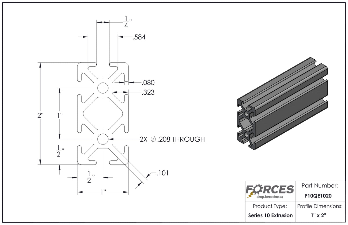 1" x 2" Smooth T-Slotted Aluminum Extrusion