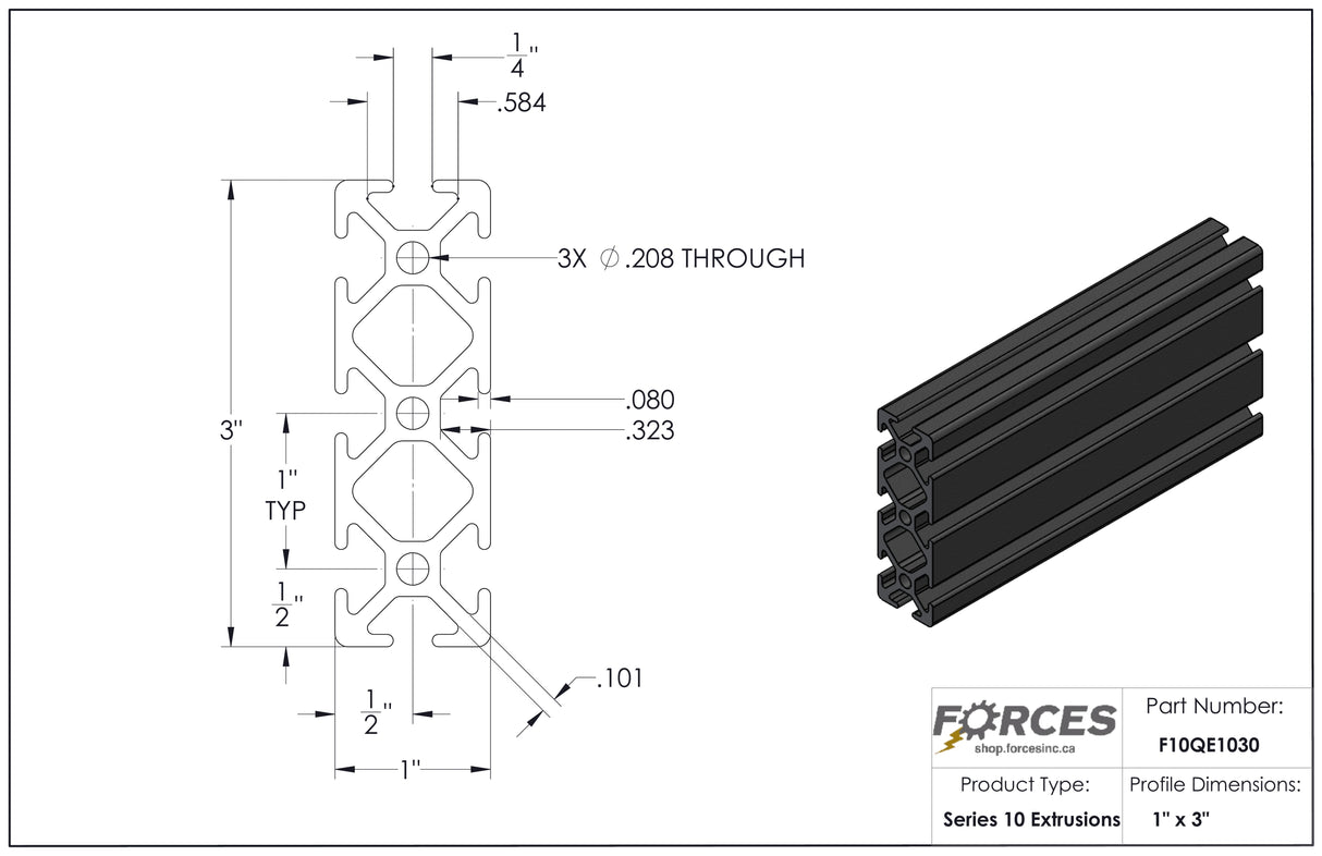 1" x 3" Black Smooth T-Slotted Aluminum Extrusion