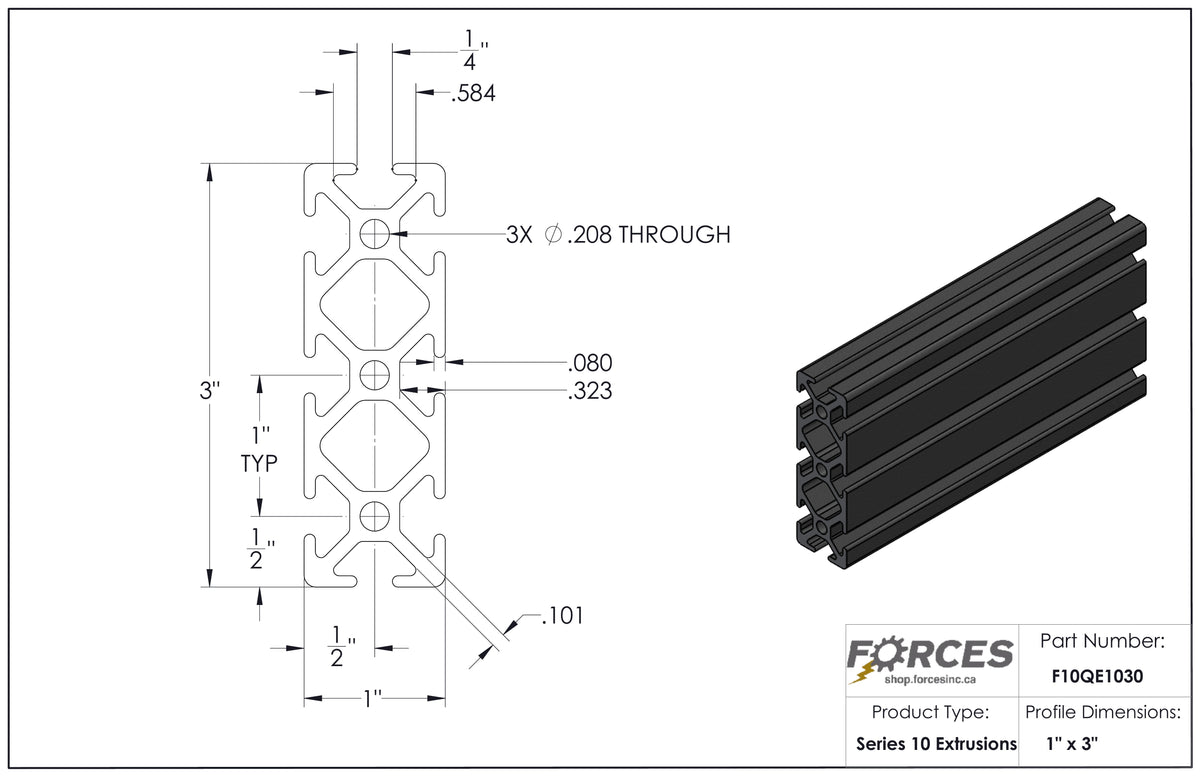 1" x 3" Black Smooth T-Slotted Aluminum Extrusion