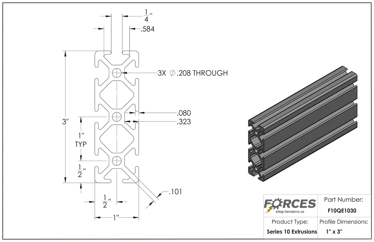 1" x 3" Smooth T-Slotted Aluminum Extrusion