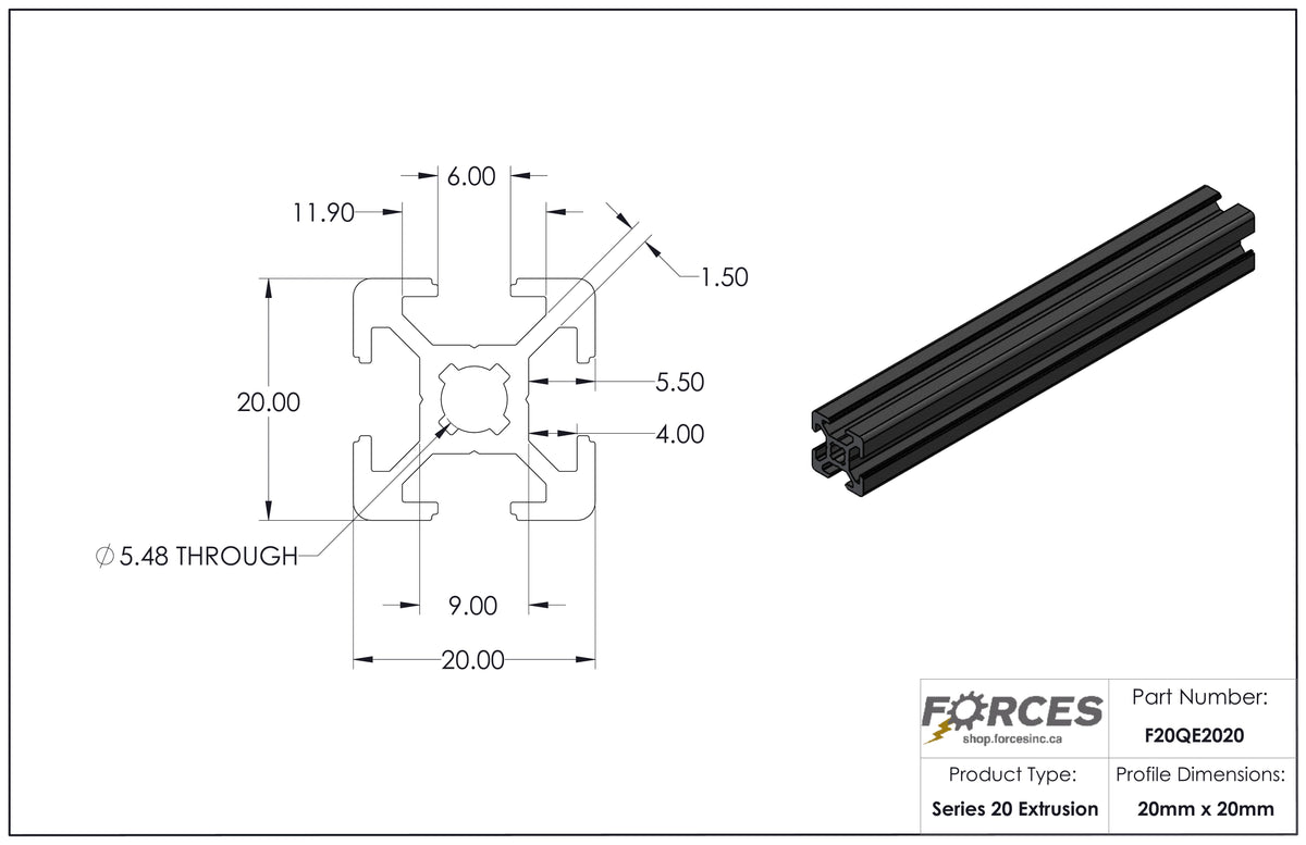 20mm x 20mm Black Smooth T-Slotted Aluminum Extrusion