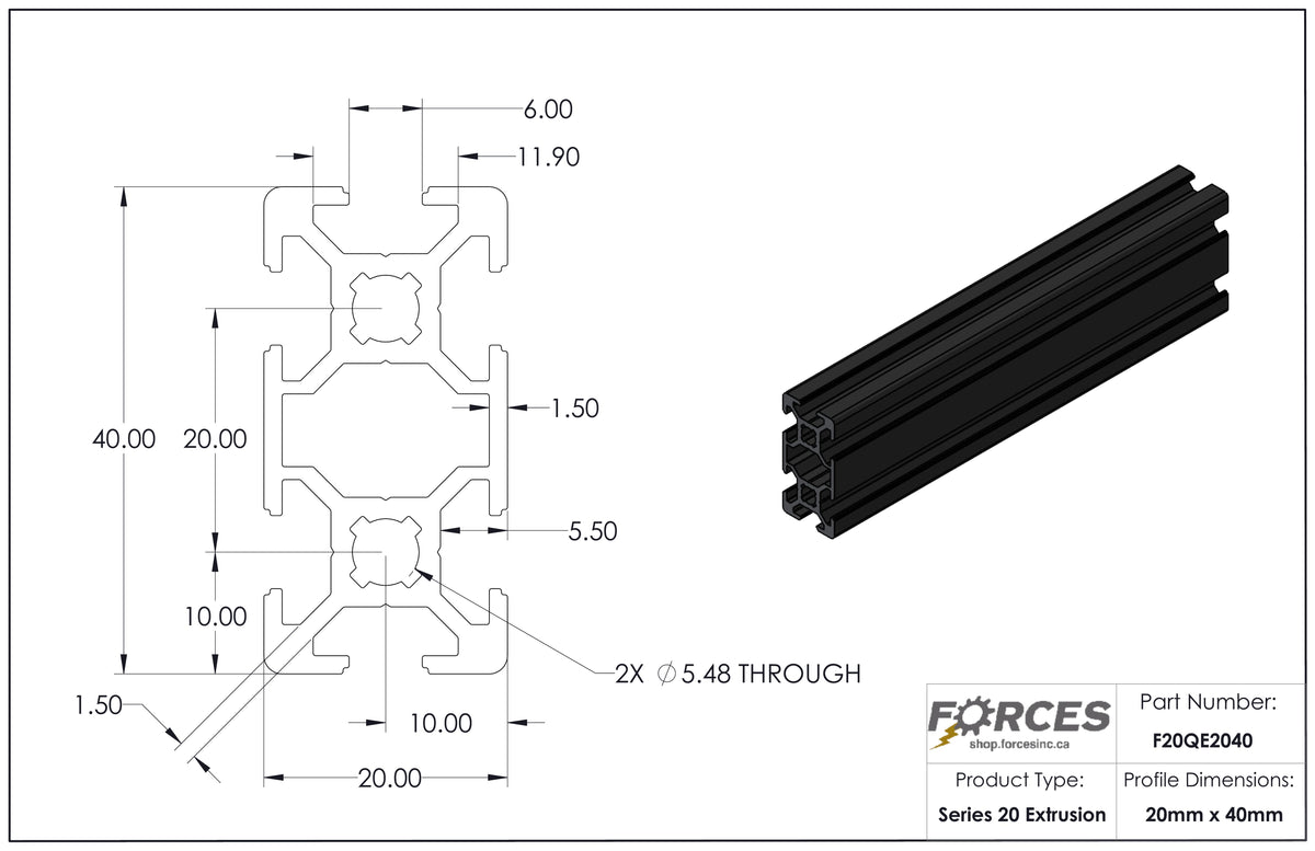 20mm x 40mm Black Smooth T-Slotted Aluminum Extrusion