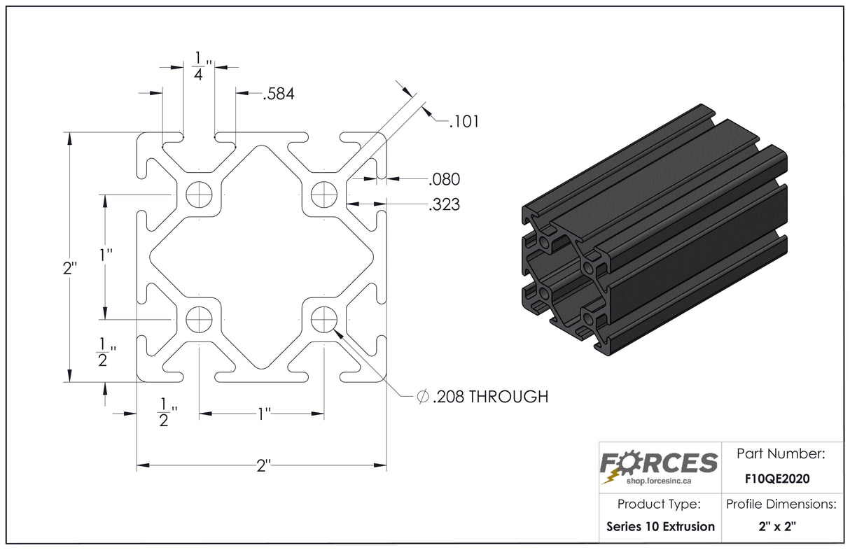 2" x 2" Black Smooth T-Slotted Aluminum Extrusion