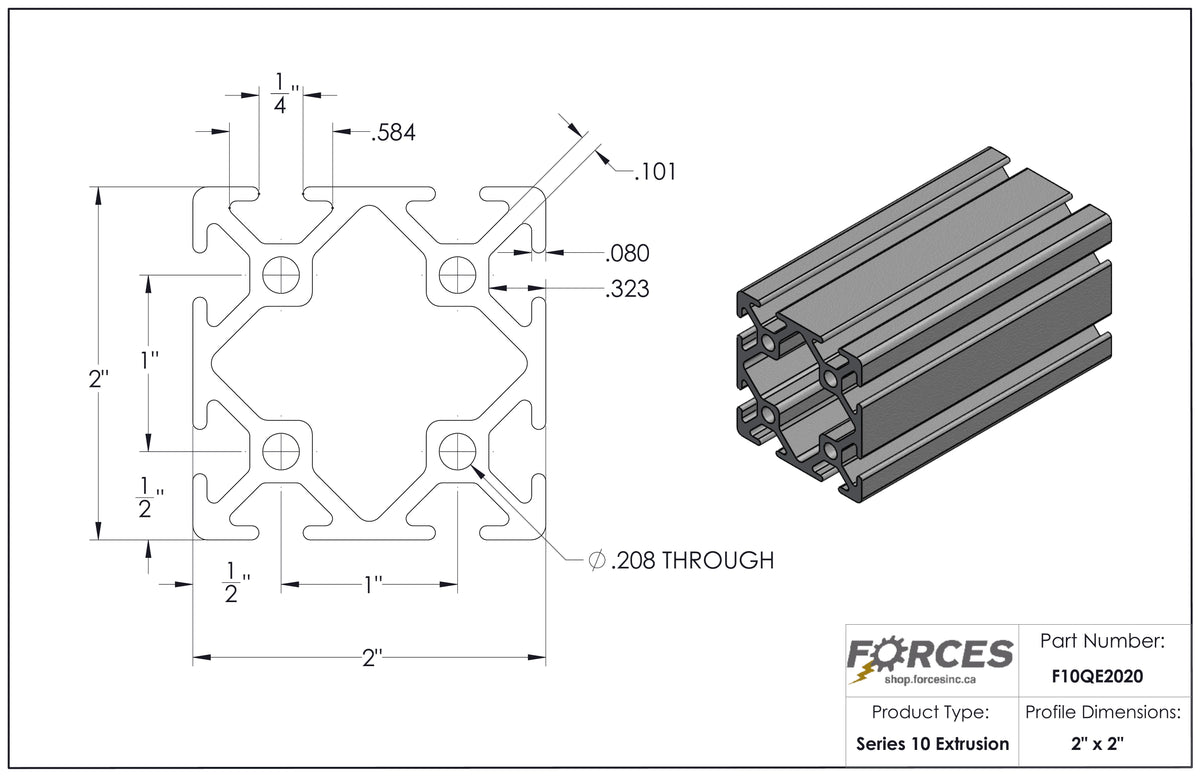 2" x 2" Smooth T-Slotted Aluminum Extrusion