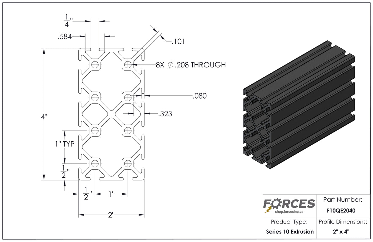 2" x 4" Black Smooth T-Slotted Aluminum Extrusion