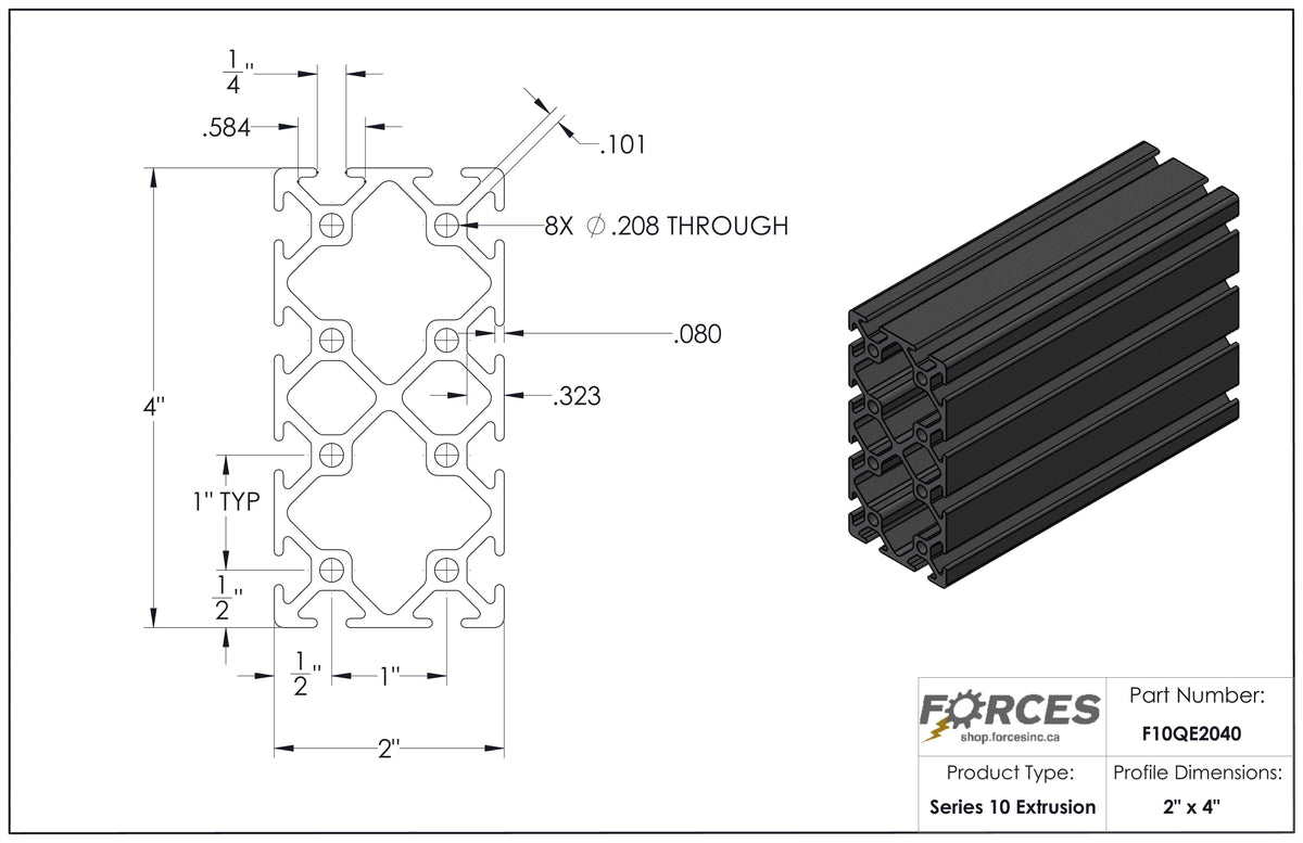 2" x 4" Black Smooth T-Slotted Aluminum Extrusion