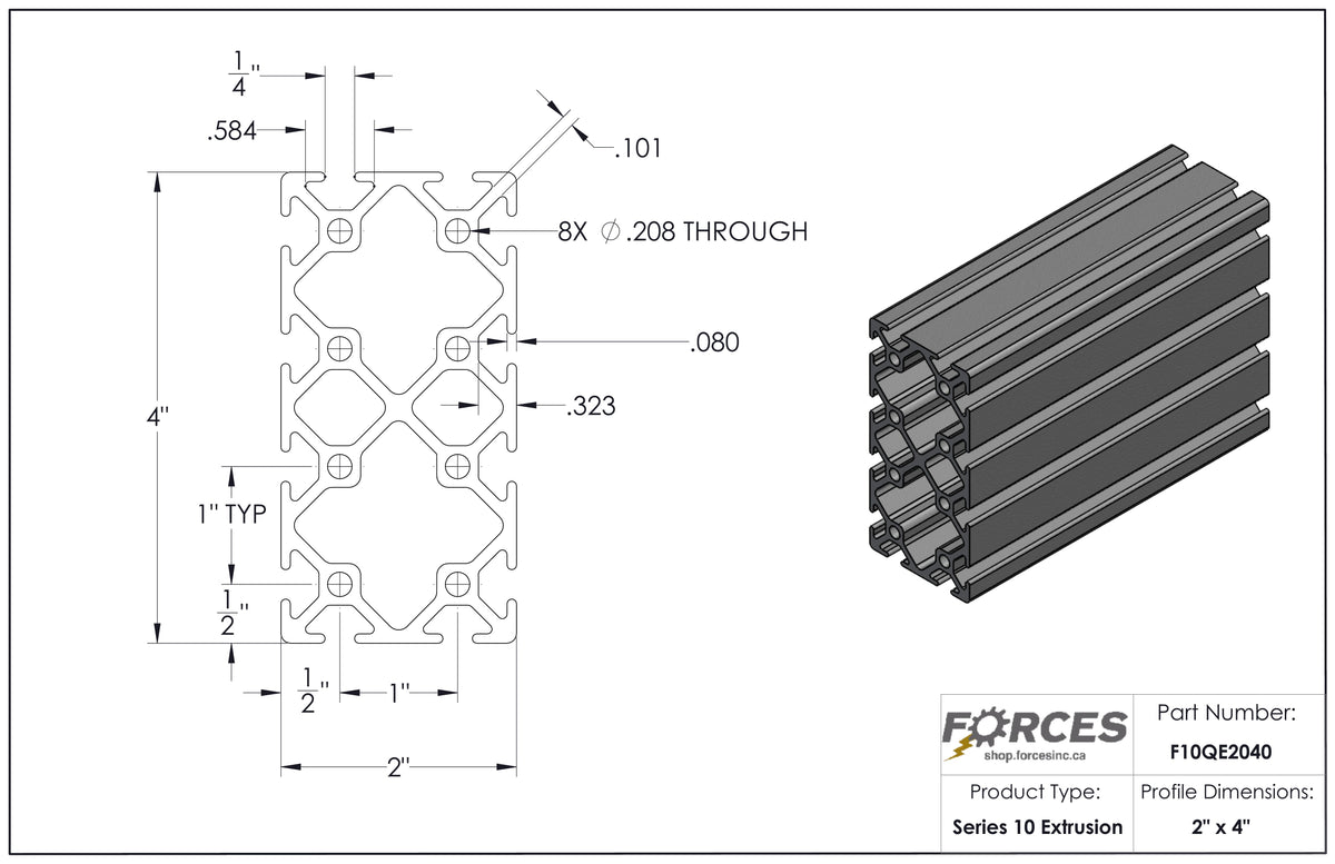 Extrusión de aluminio liso con ranura en T de 2" x 4"