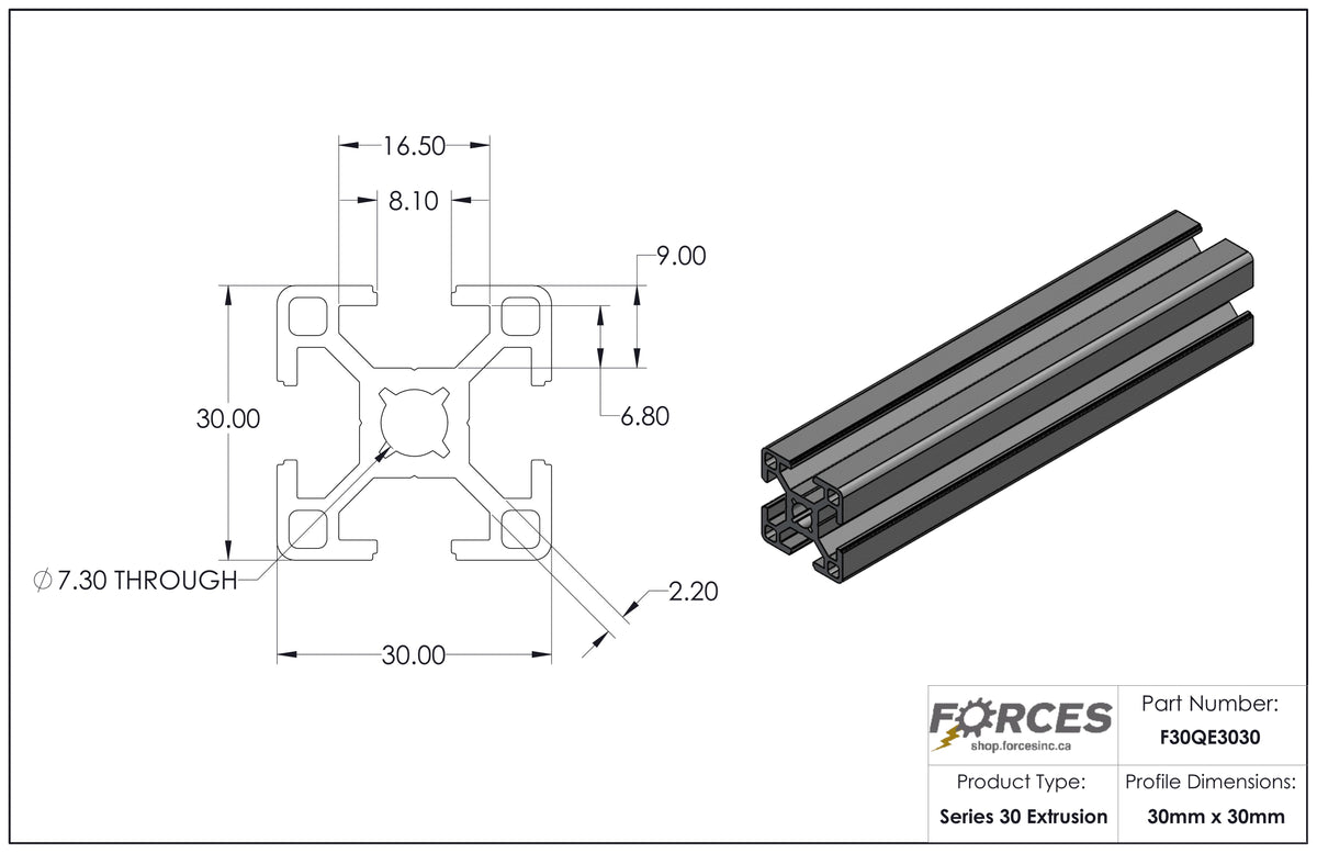 30mm x 30mm Smooth T-Slotted Aluminum Extrusion