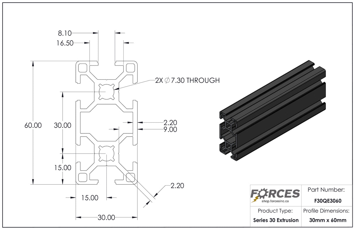 30mm x 60mm Black Smooth T-Slotted Aluminum Extrusion