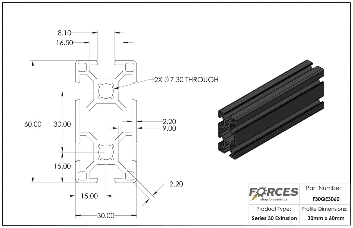 30mm x 60mm Black Smooth T-Slotted Aluminum Extrusion