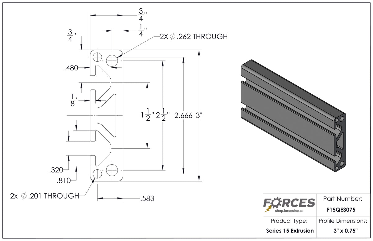 3" x 0.75" T-Slotted Aluminum Extrusion Smooth