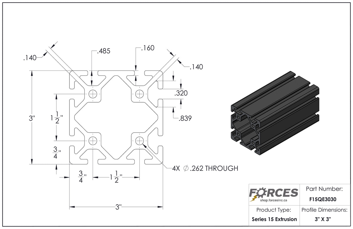 3" x 3" T-Slotted Aluminum Extrusion Black Smooth