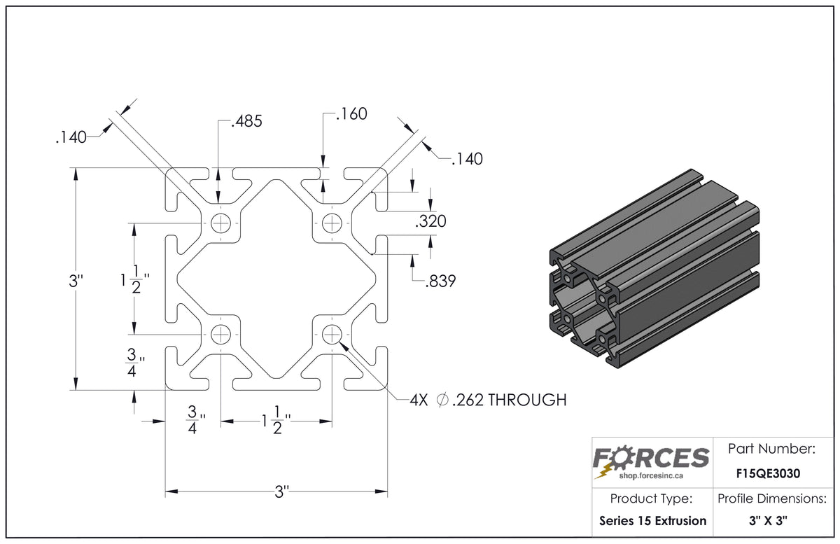 3" x 3" T-Slotted Aluminum Extrusion Smooth