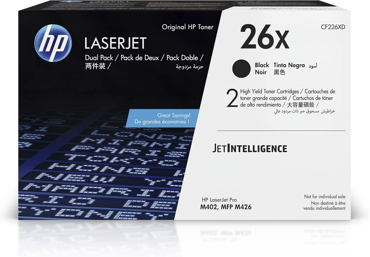 HP 26X (CF226XD) Black Original LaserJet Toner Cartridge, High Yield, 2/Pack