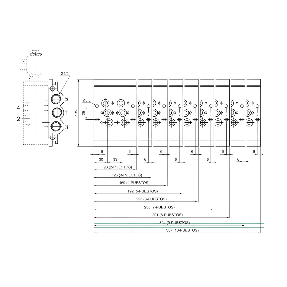 Manifold Air Valve 5/2 & 5/3 - 6 Positions (Valve 824)