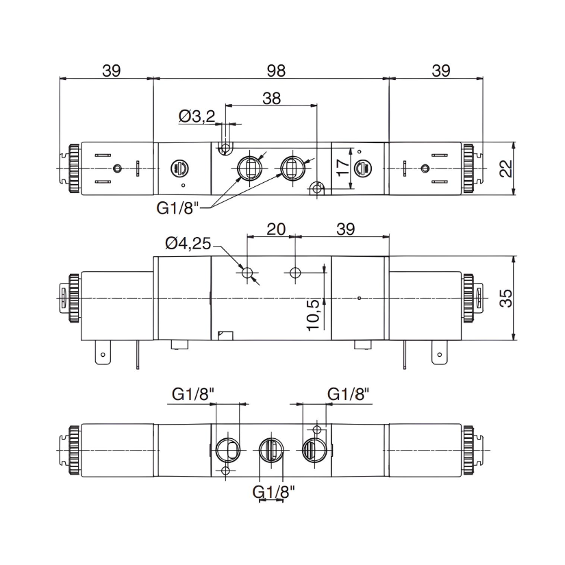 Pneumatic Solenoid Valve 1/8", 5/3 Closed Center Double Coil 24Vdc