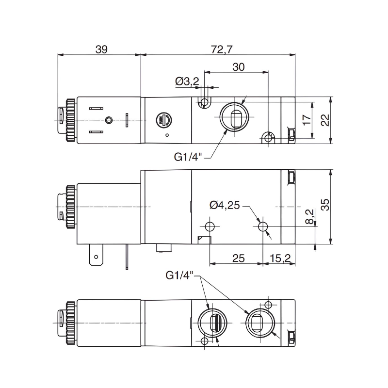Pneumatic Solenoid Valve 1/4", 3/2 Normally Open Spring Return 24Vdc