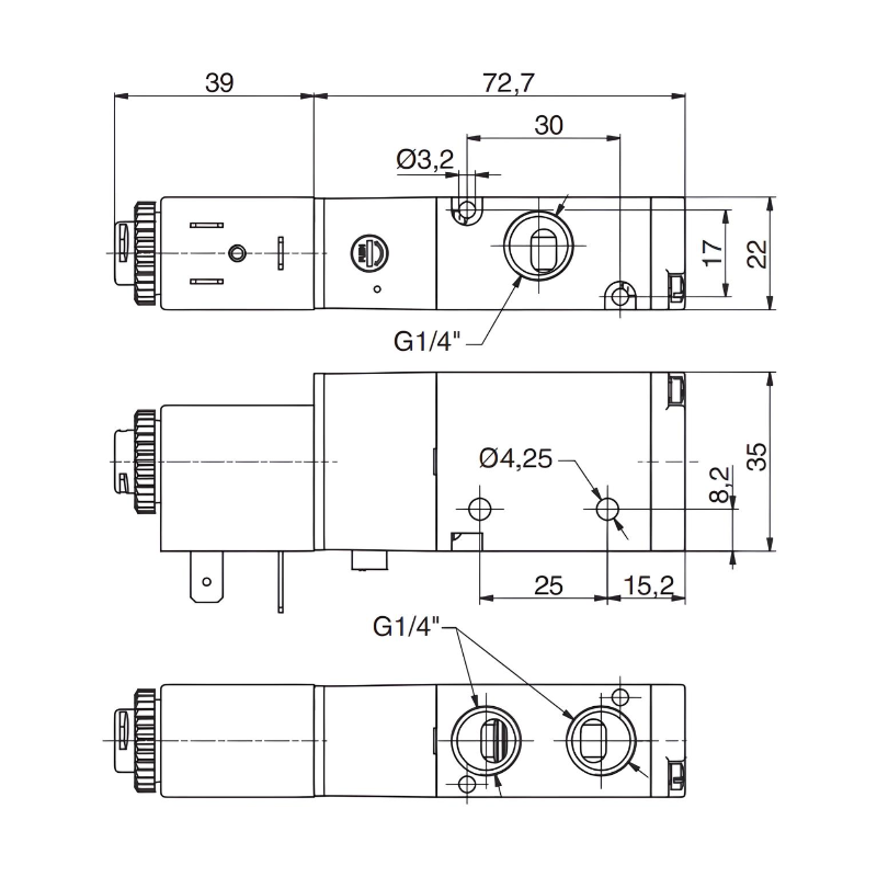 Pneumatic Solenoid Valve 1/4", 3/2 Normally Closed Spring Return 12Vdc