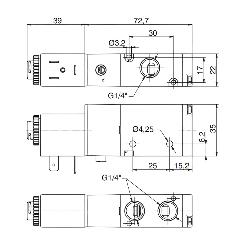 Pneumatic Solenoid Valve 1/4", 3/2 Normally Closed Spring Return 24Vdc