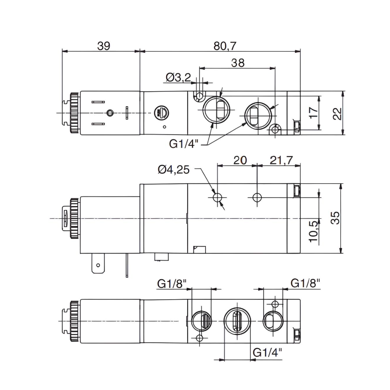 Pneumatic Solenoid Valve 1/4", 5/2 Spring Return 12Vdc