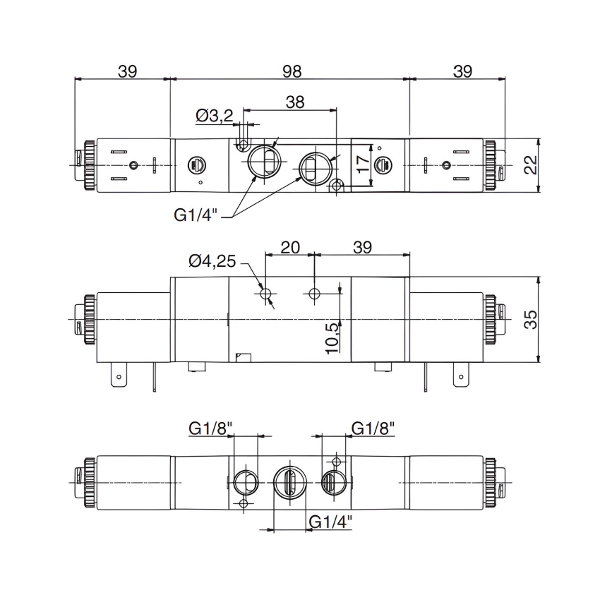 Pneumatic Solenoid Valve 1/4", 5/3 Exhaust Center Double Coil 24Vdc