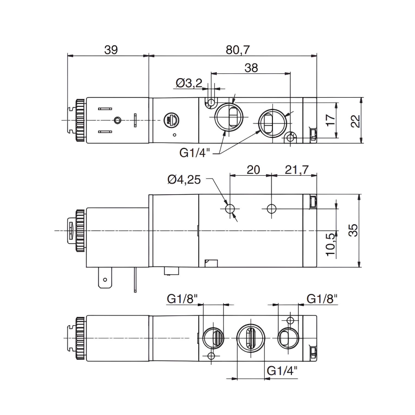 Pneumatic Solenoid Valve 1/4" NPT, 5/2 Spring Return 110Vac