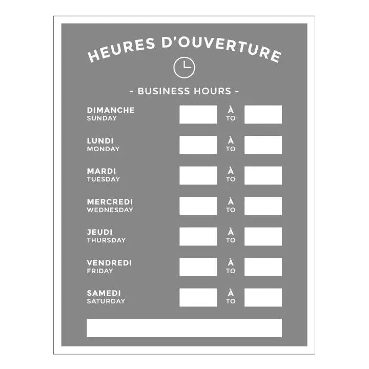 Affiche heures ouverture bilingue plastifiée
