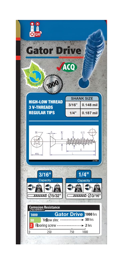 3/16" x 3-1/4" Concrete Screw Blue Coating Flat Head Quadrex Drive