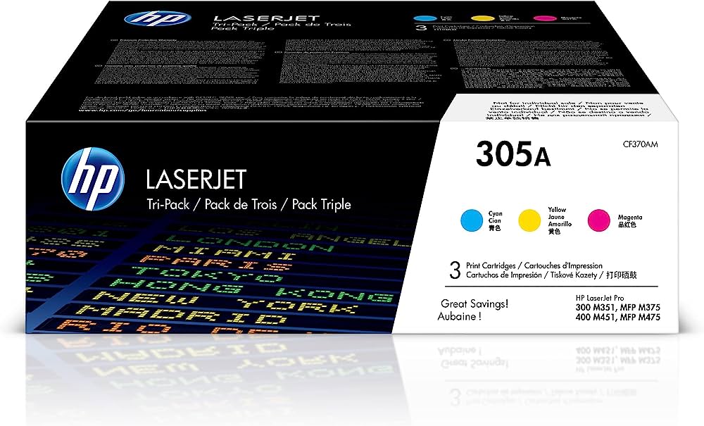 HP 305A (CF370AM) Cyan, Magenta & Yellow Original LaserJet Toner Cartridges, 3 pack