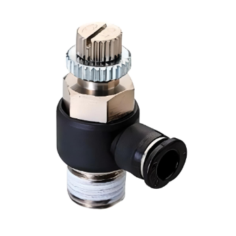 Push To Connect Flow Control Valve Elbow 5/32" Tube x 10-32 NPT (Meter Out) - Compact