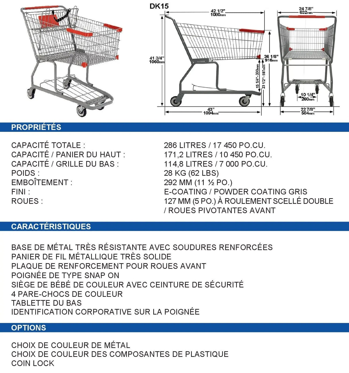 Chariot d'épicerie gris 282 L - Robuste et Maniable | S&P