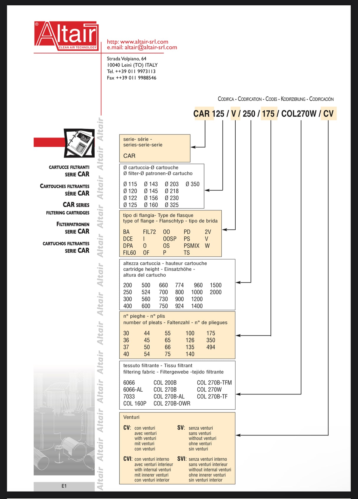 AltAir CAR218 /P/1000/100/COL270BAL/SV
AIR FILTER-CARTRIDGES:
Cartridge D.218mm H.1000mm No. Of pleats: 100