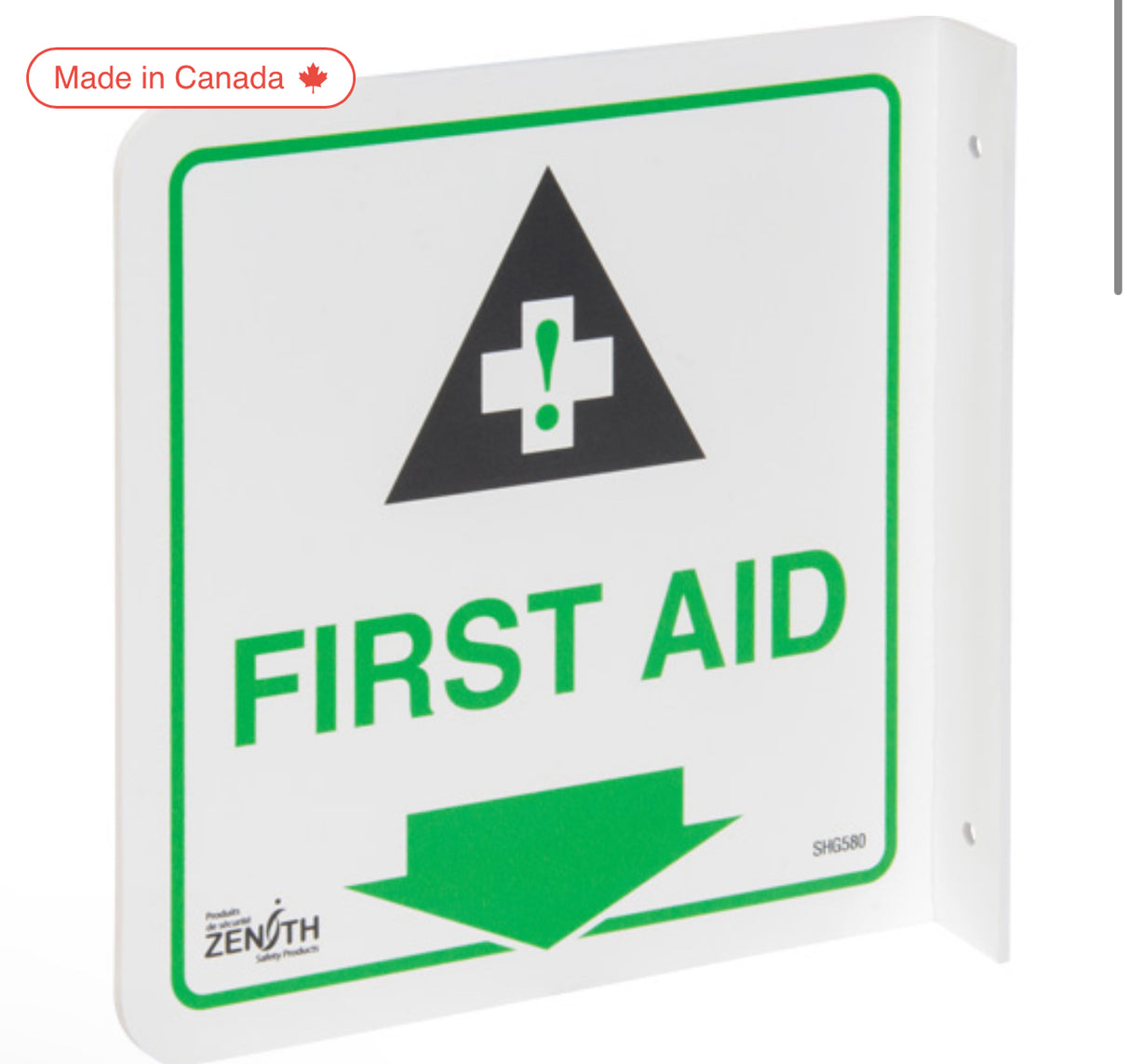 90° Projecting "First Aid" Sign 8" x 8", Plastic, English with Pictogram